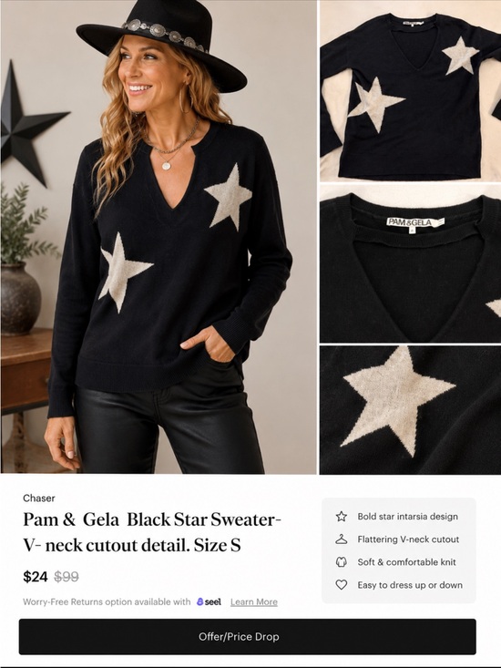 Chaser Jackets & Blazers - Pam &  Gela  Black Star Sweater- V- neck cutout detail. Size S